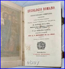ANTIQUE'EUCOLOGIO ROMANO' BOOK (Spanish) SILVER CRUSADER ORNAMENT, GILDED EDGES