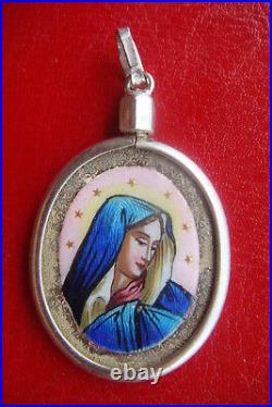 ANTIQUE Enameled Religious Pendant Mary Sancta Maria Mater Dei Ora Pro