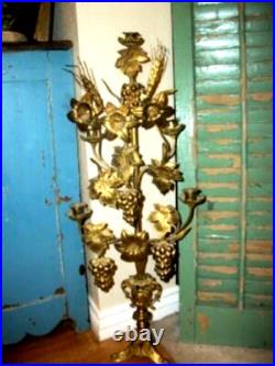 ANTIQUE FRENCH BRONZE CHURCH ALTAR CANDELABRA WHEAT FLOWERS GRAPES 19th CENTURY