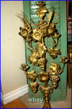 ANTIQUE FRENCH BRONZE CHURCH ALTAR CANDELABRA WHEAT FLOWERS GRAPES 19th CENTURY