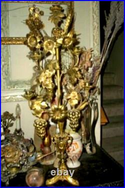 ANTIQUE FRENCH BRONZE CHURCH ALTAR CANDELABRA WHEAT FLOWERS GRAPES 19th CENTURY
