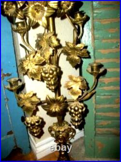 ANTIQUE FRENCH BRONZE CHURCH ALTAR CANDELABRA WHEAT FLOWERS GRAPES 19th CENTURY