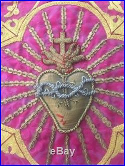 ANTIQUE FRENCH GOLD METALLIC RELIGIOUS HAND EMBROIDERY SACRED HEART OF JESUS No7