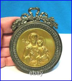 ANTIQUE FRENCH ST JOSEPH With CHRIST CHILD GOLD PLAQUE IN SILVER BEZEL RELIGIOUS