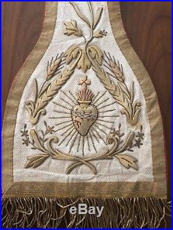 ANTIQUE GOLD METALLIC RELIGIOUS HAND EMBROIDERY SACRED HEART OF JESUS &MARY 230c