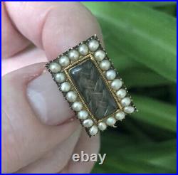 ANTIQUE Georgian 1820 9 k gold seed pearls braided hair mourning pin brooch #2