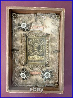 ANTIQUE German RELIGIOUS CONVENT WORK METALLIC EMBROIDERY RELIQUARY MINIATURE'S