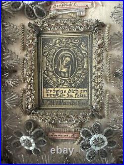 ANTIQUE German RELIGIOUS CONVENT WORK METALLIC EMBROIDERY RELIQUARY MINIATURE'S
