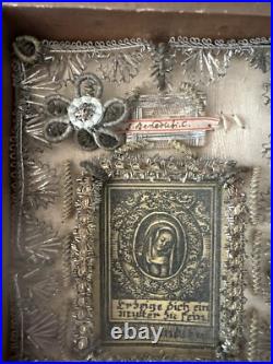 ANTIQUE German RELIGIOUS CONVENT WORK METALLIC EMBROIDERY RELIQUARY MINIATURE'S