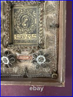 ANTIQUE German RELIGIOUS CONVENT WORK METALLIC EMBROIDERY RELIQUARY MINIATURE'S