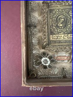 ANTIQUE German RELIGIOUS CONVENT WORK METALLIC EMBROIDERY RELIQUARY MINIATURE'S