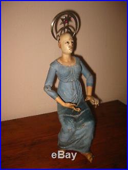 ANTIQUE RELIGIOUS WOOD MANNEQUIN SANTOS CAGE DOLL GLASS EYES SILVER HALO 19th