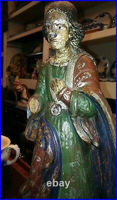 ANTIQUE RELIGIOUS WOODEN SANTOS/STATUE IN POLY CHROME WithGLASS EYES 19 H 5 LBS
