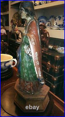 ANTIQUE RELIGIOUS WOODEN SANTOS/STATUE IN POLY CHROME WithGLASS EYES 19 H 5 LBS
