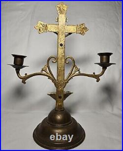 ANTIQUE Religious INRI CRUCIFIX CROSS HOLY WATER FONT CANDLE HOLDER