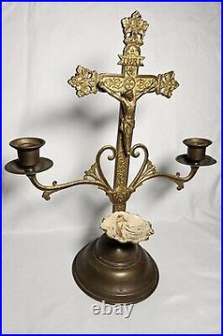 ANTIQUE Religious INRI CRUCIFIX CROSS HOLY WATER FONT CANDLE HOLDER