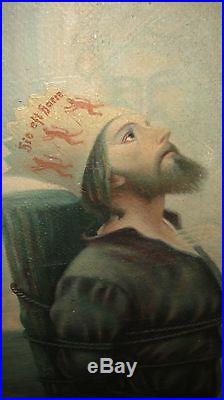 ANTIQUE SIGNED FRENCH SAINT ST SEBASTIAN OIL PAINTING IMAGE BURNING 19thC JESUS
