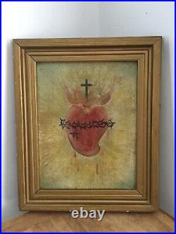 ANTIQUE Sacred Heart Of Jesus Oil Painting Gold Wood Frame 1909 Religious 9x7