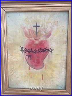 ANTIQUE Sacred Heart Of Jesus Oil Painting Gold Wood Frame 1909 Religious 9x7