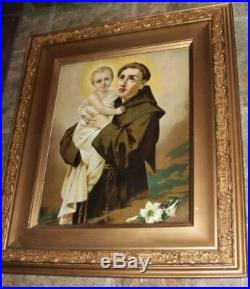 ANTIQUE Saint Anthony of Padua LITHOGRAPH Gold Gilt frame LARGE Portrait Art