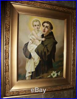ANTIQUE Saint Anthony of Padua LITHOGRAPH Gold Gilt frame LARGE Portrait Art