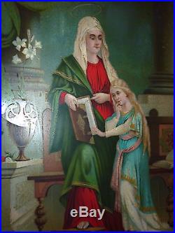 ANTIQUE TIN VTG OLD RELIGIOUS PAINTING SAINT ANNE MOTHER+CHILD BABY MARY RARE f
