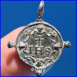 AWESOME 1600s CRUCIFIXION MEDAL OLD 17th CENTURY IHS JESUIT MEDALLION
