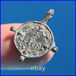 AWESOME 1600s CRUCIFIXION MEDAL OLD 17th CENTURY IHS JESUIT MEDALLION