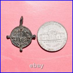 AWESOME 1600s CRUCIFIXION MEDAL OLD 17th CENTURY IHS JESUIT MEDALLION