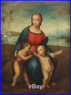 After Raphael Religious Antique Oil Painting Madonna, Child and Infant St John