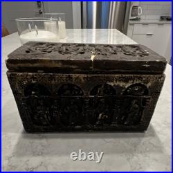 Ancient Antique Carved Stone Religious Relief Box. Notice the P with the halo