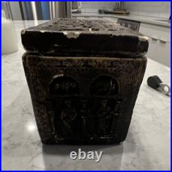 Ancient Antique Carved Stone Religious Relief Box. Notice the P with the halo
