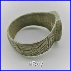 Ancient Byzantine Silver Seal Ring With Wreath And Religious Inscriptions