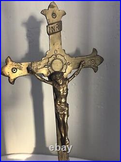 Antique 11 Altar Cross Jesus Of Nazareth Metal Catholic Religious Crucifix