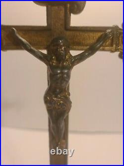Antique 13 Bronze Jesus Crucifix Cross Mary & Joseph Base Altar Religious Vtg