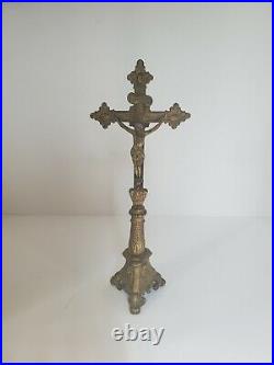 Antique 14 Bronze Jesus Crucifix Cross, Mary & Joseph Base Alter Religious