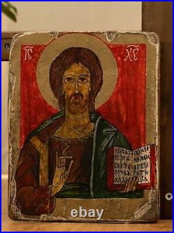 Antique 1400's Russian Orthodox Icon Jesus Christ Oil on Wood Old Religious Art