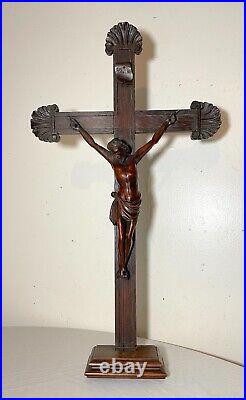 Antique 1700's hand carved wood religious Jesus Christ crucifix cross sculpture