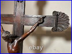 Antique 1700's hand carved wood religious Jesus Christ crucifix cross sculpture