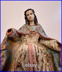 Antique 17th Century Carved Wood Polychrome Religious Santos Holy Clara
