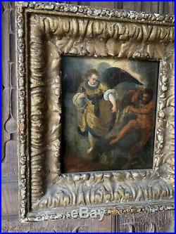 Antique 17th Century Oil Painting Angel With The Keys To The Bottomless Pit