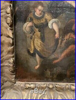 Antique 17th Century Oil Painting Angel With The Keys To The Bottomless Pit