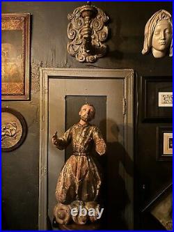 Antique 18-19 Century Wooden Saint Sculpture Religious Altar Santos Colonial 30