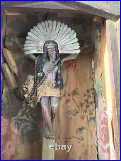 Antique 18-19th century handmade religious Sculpture In Tabernacle 5x 8.5x 19