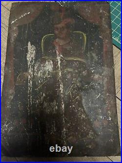 Antique 1800's Thin Metal Hand Painted Religious Icon Estate Fine 10x7 1/2