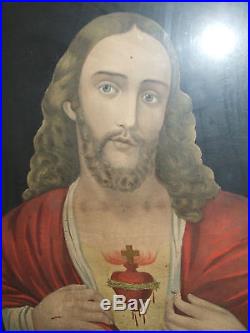 Antique 1800's Victorian Framed Art Religious Jesus Sacred Heart Church Painting