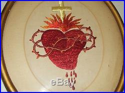 Antique 1800's Victorian Framed Religious Jesus Sacred Heart Embroidery Tapestry