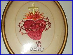 Antique 1800's Victorian Framed Religious Jesus Sacred Heart Embroidery Tapestry