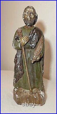 Antique 1800's carved wood polychromed religious Santos saint sculpture statue
