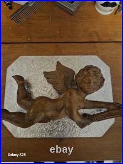 Antique 1800's hand carved wood religious winged cherub Antique 1800's hand carved wood religious winged cherub